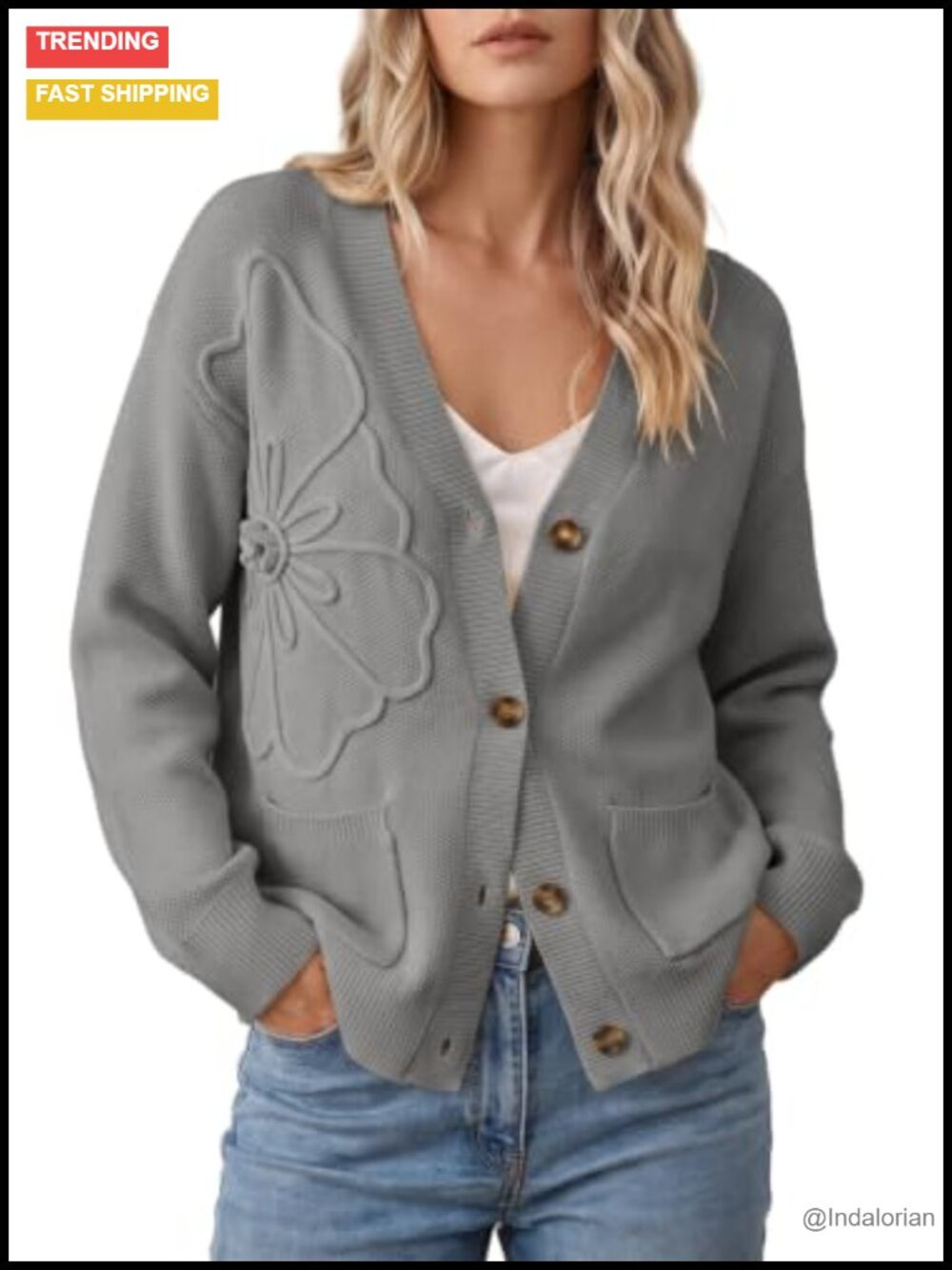 3D Floral Long Sleeve V Neck Open Front Cardigan Sweater